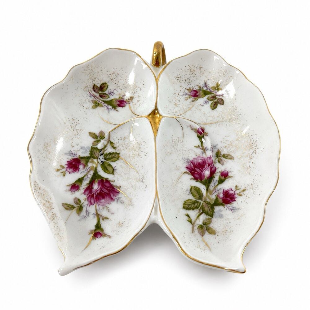 Marco Porcelain Leaf Divided Candy Nut Relish Dish Pink Roses Gold Trim 7”